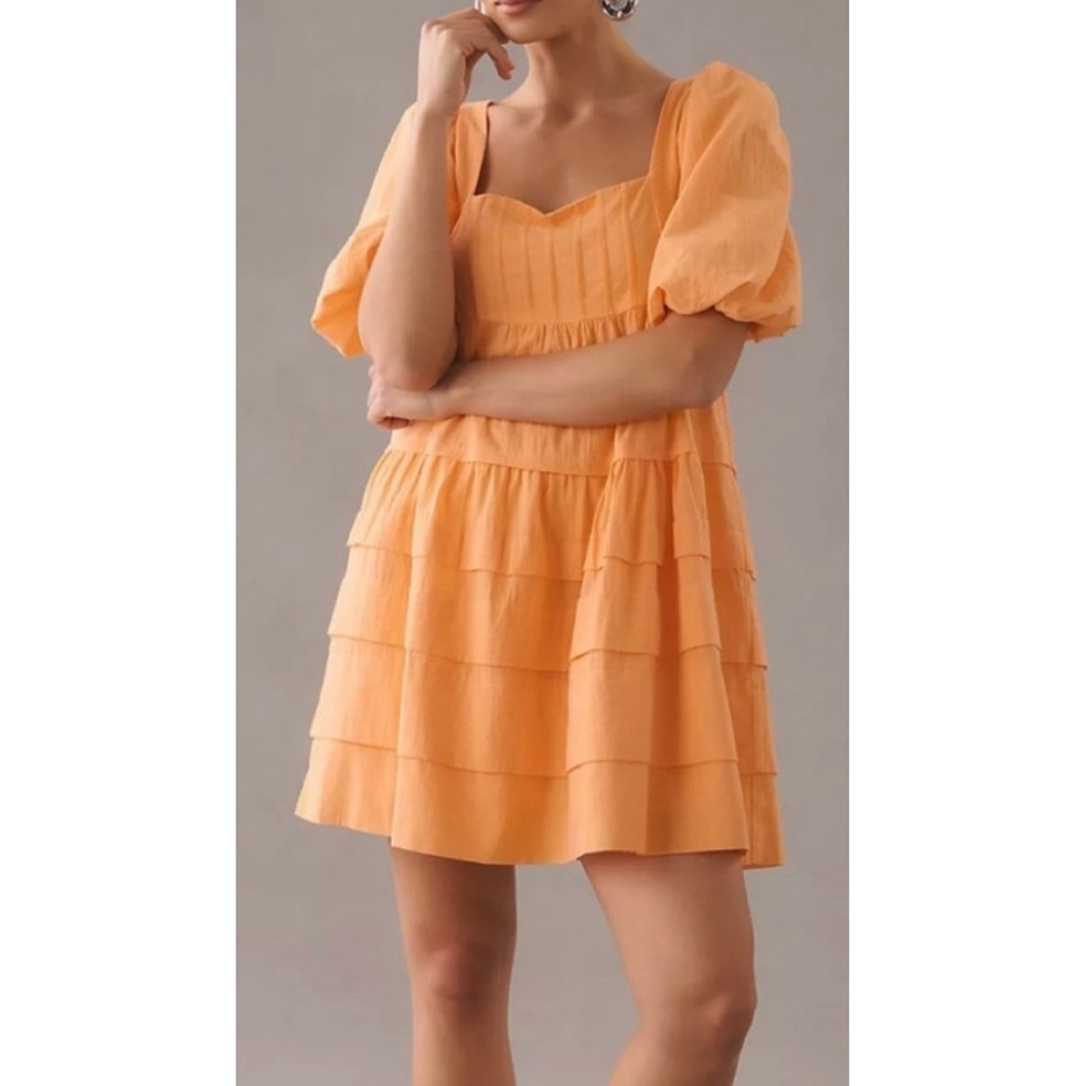Anthropologie Square Neck Puff Sleeve Tiered Mini Dress Small Orange Cottagecore